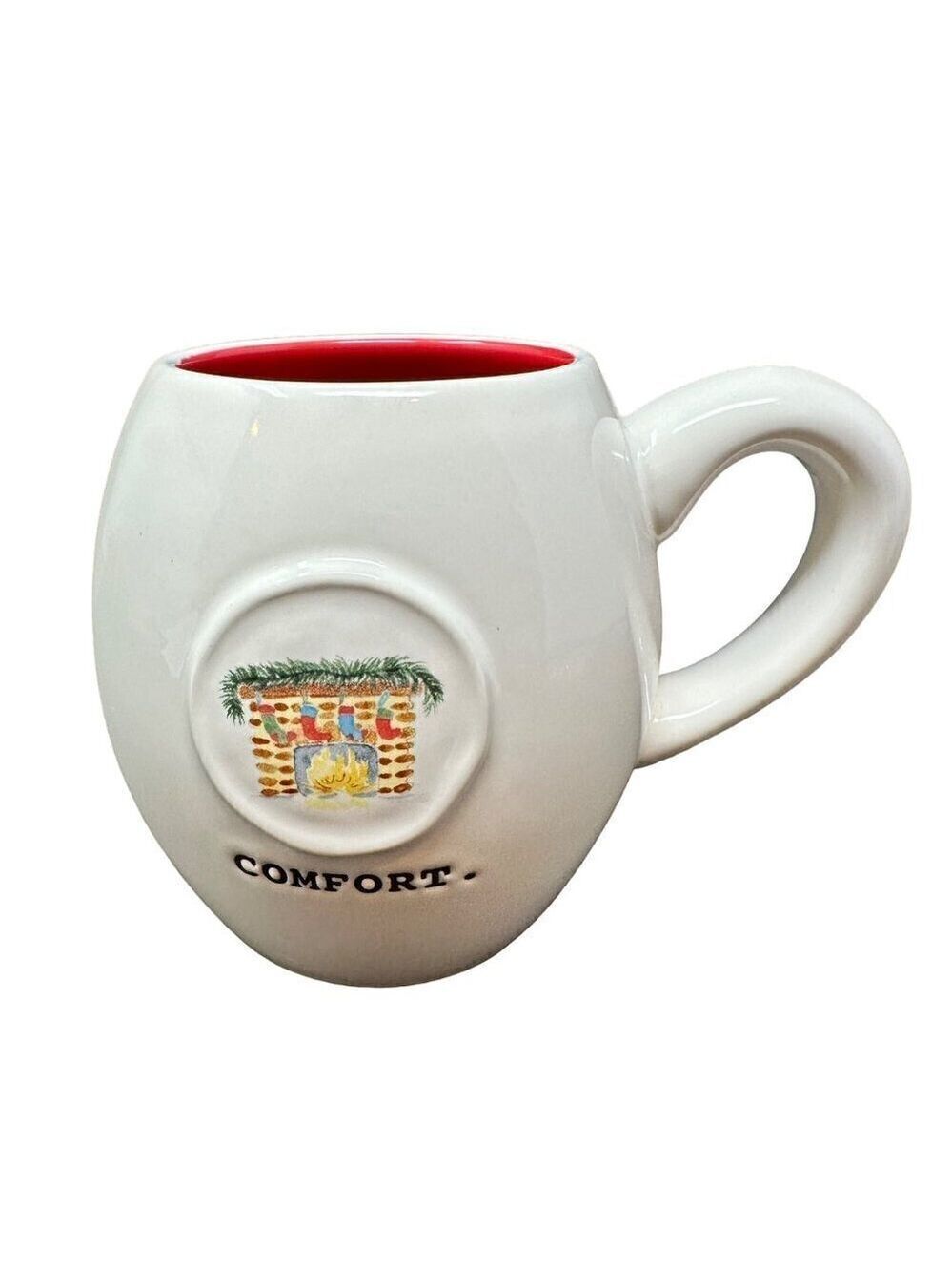 Rae Dunn Christmas Holiday Mug Cup COMFORT Typeset Stockings Fireplace Coffee
